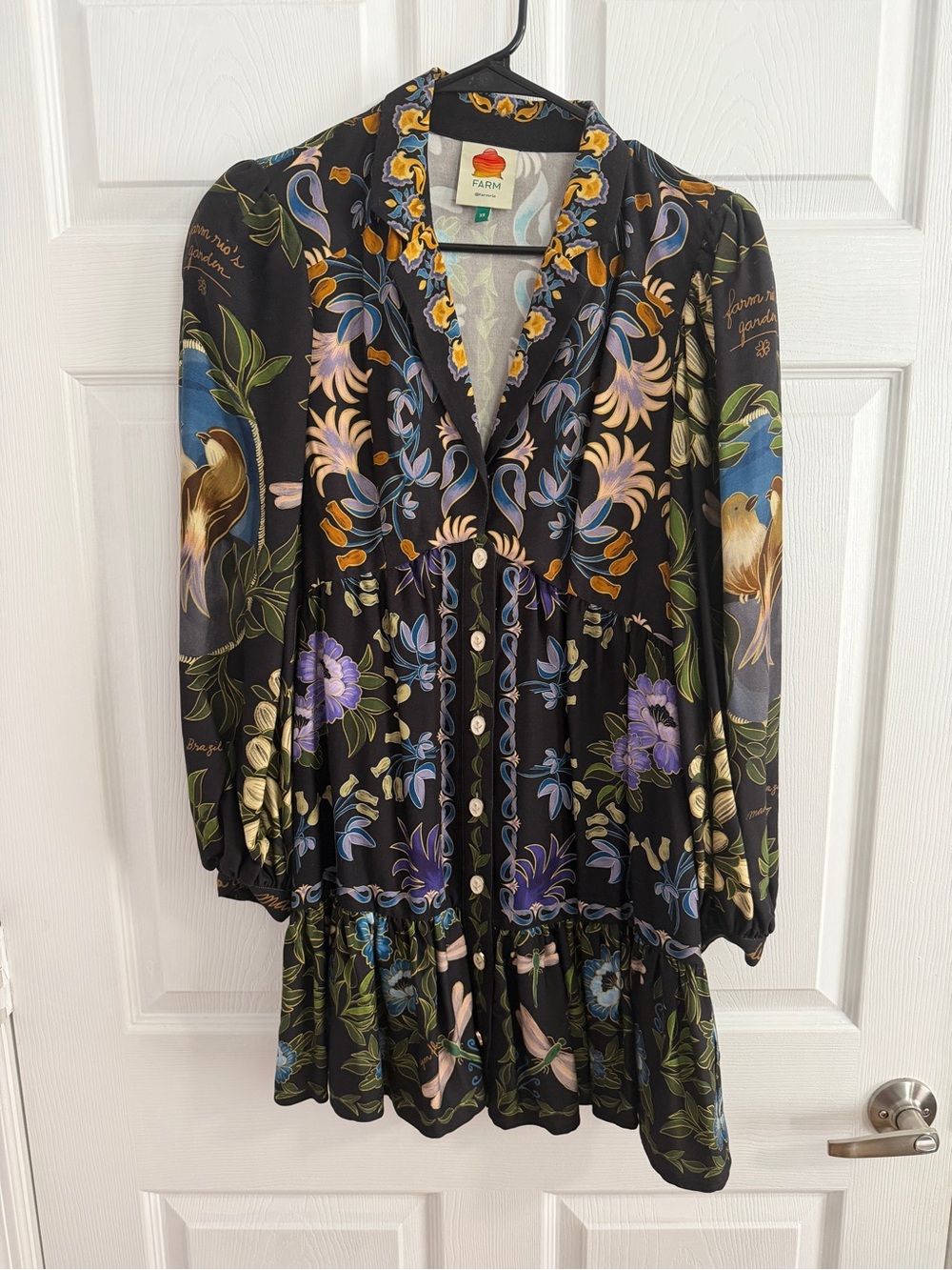 FARM Rio Black Floral Button-Front Long Sleeve Mini Dress